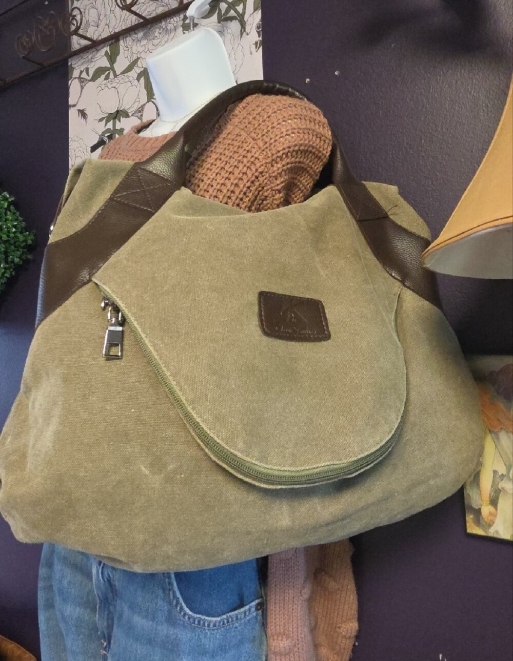 Fold Over Olive Canvas Tote Bag with Brown Trim
